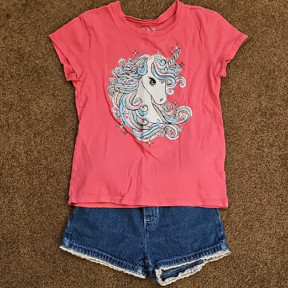 Pink Unicorn Kids T-Shirt And Jean Shorts.